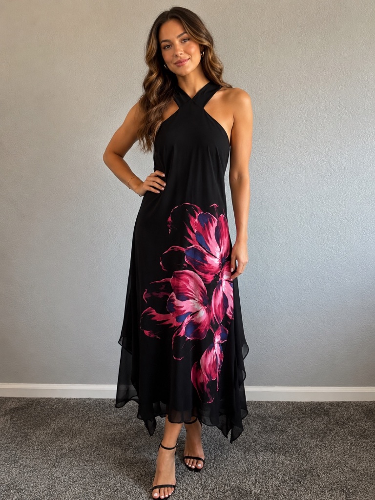 New With Tags Black Chiffon Maxi Dress With Crossover Halter Neckline